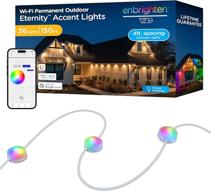 Enbrighten Accent Permanent Outdoor Lights, 150ft, 36 Lights, Smart | White Cord, RGBWIC LEDs, Weatherproof, Cuttable, Link to 200ft, Christmas, App Control, Works with Alexa & Google Home