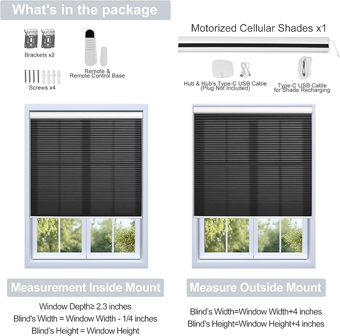 BERISSA Motorized Cellular Shades, Light Filtering Smart Honeycomb Blinds with Remote Control & Hub, Custom Room Darkening Automatic Cellular Window Blinds for Home Office, Living Room, Door,Black