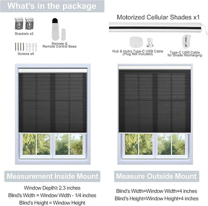 BERISSA Motorized Cellular Shades, Light Filtering Smart Honeycomb Blinds with Remote Control & Hub, Custom Room Darkening Automatic Cellular Window Blinds for Home Office, Living Room, Door,Black