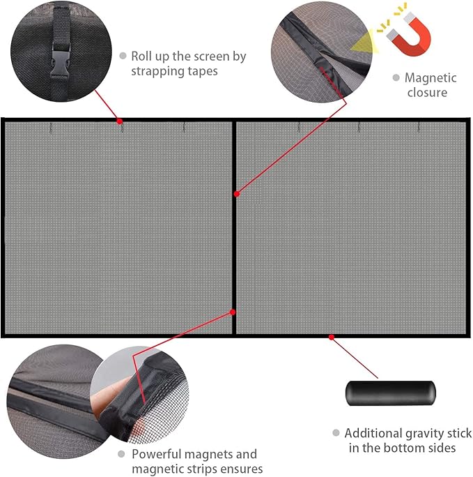 Garage Door Screen, 2 Car 15x7Ft Magnetic Closure Heavy Duty Weighted Bottom Screen Self Sealing Fiberglass Mesh Anti Annoying Unwanted Animals Retractable Net - Easy Assembly & Pass-Through(Black)