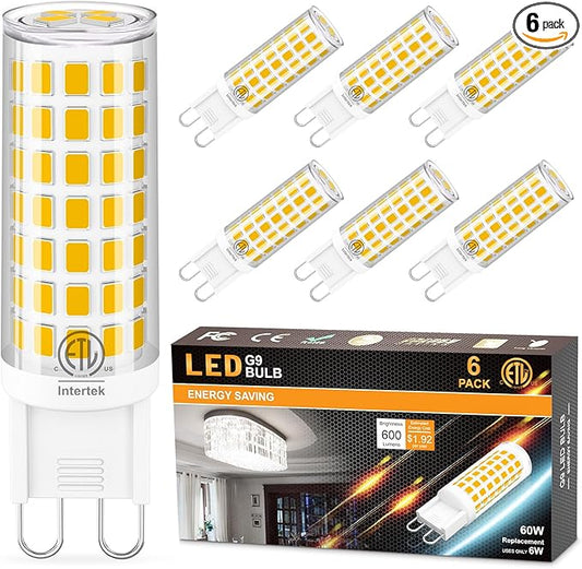 G9 LED Bulb Bi Pin Ceramic Base 2700K Soft White, 60W Halogen Equivalent T4 LED Light Bulbs, G9 Base Chandelier Light Bulb for Home Lighting, 600LM, Non-dimmable, 6 Pack