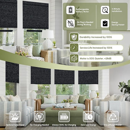 FineTell Motorized Blinds with Remote, 100% Blackout Roller Shades Compatible with Alexa,Apple Homekit,Google Home APP and Voice Control, Customized Electric Blinds (100% Blackout Eclipse Onyx Black)
