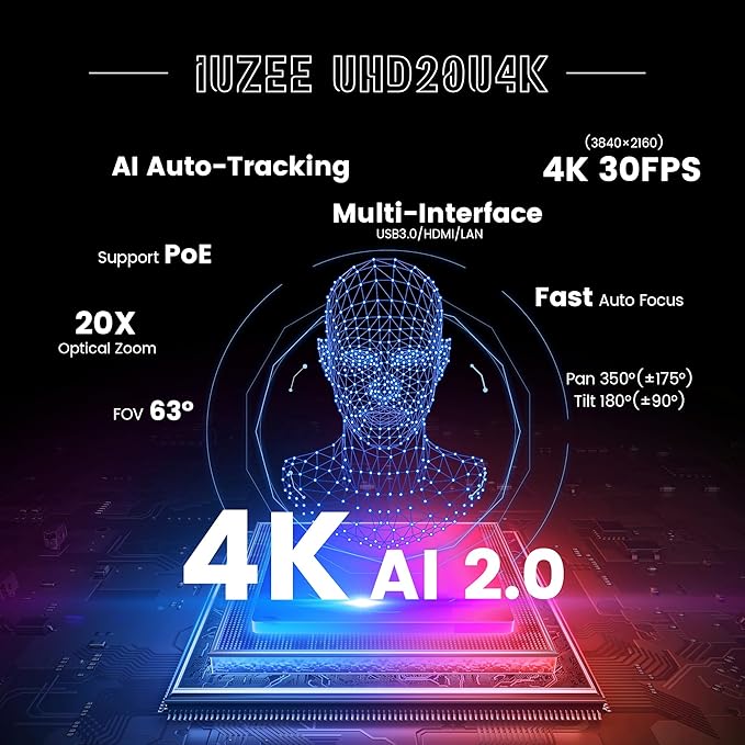 4K UHD PTZ Camera AI-Auto Tracking, 20X Optical Zoom, USB3.0/HDMI/LAN PoE, IP Live Streaming, PTZ Conference Room Camera for Church Services Education Conference Events, Work with YouTube OBS