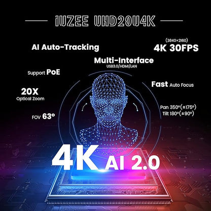 4K UHD PTZ Camera AI-Auto Tracking, 20X Optical Zoom, USB3.0/HDMI/LAN PoE, IP Live Streaming, PTZ Conference Room Camera for Church Services Education Conference Events, Work with YouTube OBS