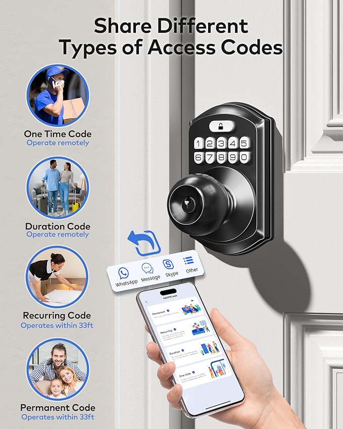 TEEHO TE018 Smart Door Knob with Keypad, App Control, Keyless Entry Digtal Door Lock with Handle, Remote Share One-Time Code, Auto Lock, Easy Installation for Front Door, Bedroom, Rental, Matte Black