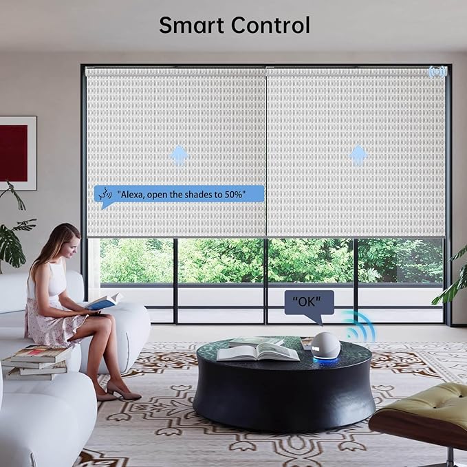 Motorized Coupled Shades, Falme Resistant Smart Solar Shades for Large Windows Automatic Blinds Compatible with Alexa, Electric Roller Blinds Customized for Home Office(1% Openness Sliver)
