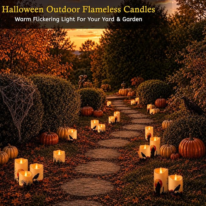 Artmarry Halloween Flameless Candles 4" 5" 6" Set of 3 Outdoor Indoor | Pillars Battery Operated Flickering Candles with Cozy Climbing Flame Effect ,10-Key Remote Timer, Plastic LED Candles