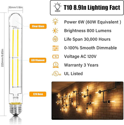 8.9IN LED Light Bulbs E26 Base, 6W 800LM 2700K Soft White T10 T9 Vintage Edison Bulbs Dimmable, AC 120V Equal 80 Watt Clear Glass Long Tubular Filament Bulb, UL Certified - 2Pack