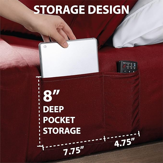 Swift Home Smart Sheets, Ultra Soft Brushed Microfiber 4-Piece Sheet Set, Fitted Bed Sheet with Side Storage Pockets – Burgundy, Queen