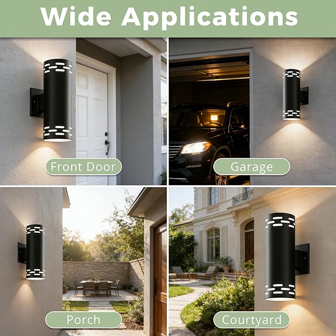 Dusk to Dawn Modern Outdoor Wall Lights, 12'' Up and Down LED Cylinder Exterior Lighting Fixtures, 23W 3000K IP65 Waterproof Wall Sconces for House, Garage, Patio, Porch, Black