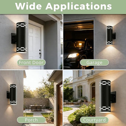 Dusk to Dawn Modern Outdoor Wall Lights 2 Pack, 12'' Up and Down LED Cylinder Exterior Lighting Fixtures, 23W 3000K IP65 Waterproof Wall Sconces for House, Garage, Patio, Porch, Black