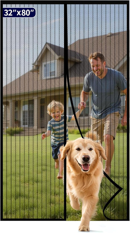 Kitsure Magnetic Screen Door - 32.0 x 80.0 in Retractable Screen Door Mesh for Front Door or Sliding Door, Pet & Kid Friendly, Hands-Free Closure Keeps Bugs Out & Lets Breeze in, Stripe Black