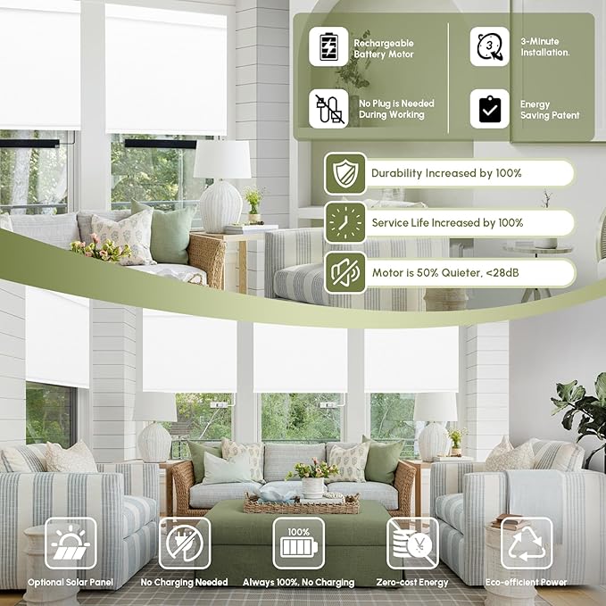 FineTell Motorized Blinds with Remote, 100% Blackout Roller Shades Compatible with Alexa,Apple Homekit,Google Home APP and Voice Control, Customized Electric Blinds (100% Blackout Pure White)