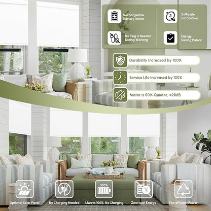 FineTell Motorized Blinds with Remote, 100% Blackout Roller Shades Compatible with Alexa,Apple Homekit,Google Home APP and Voice Control, Customized Electric Blinds (100% Blackout Pure White)