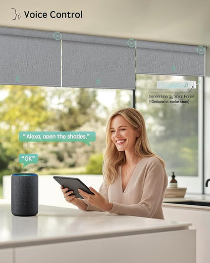 Yoolax Motorized Blinds with Remote, Designer Smart Blinds Work with Alexa, Google, Apple Homekit, 100% Blackout Motorized Shades Custom Electric Shades Voice Control (V-Jungle Grid Light Gray)
