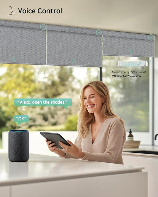Yoolax Motorized Blinds with Remote, Designer Smart Blinds Work with Alexa, Google, Apple Homekit, 100% Blackout Motorized Shades Custom Electric Shades Voice Control (V-Jungle Grid Light Gray)