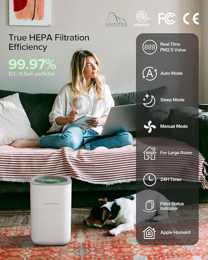 Airversa HomeKit Air Purifier over Thread Works with HomeKit (Home Hub Required) 3-Stage H13 True HEPA Smart Air Cleaner 1000 sq.ft Purelle AP2