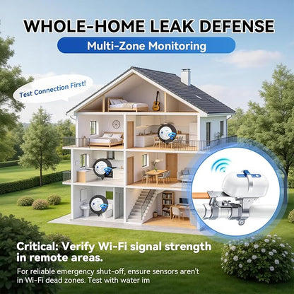 WiFi Smart Water Leak Detection & Auto Shut-Off Kit – 1 EVO Valve Controller + 2 Wireless Sensors, No Hub Needed, Works with Alexa & Google Home, Real-Time App Alerts for Home & Business
