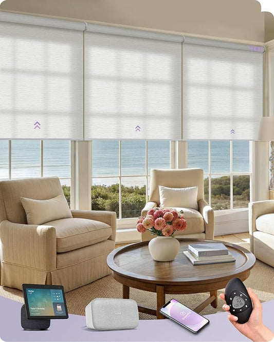 Graywind Smart Coupled Roller Shades Compatible with Alexa Google Custom Size Extra Large Motorized Blinds for Windows(Jacquard White)
