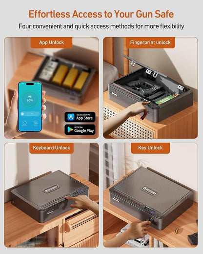 BILLCONCH Smart Gun Safe with Fingerprint, App, Keypad,LCD& Security Cable | Steel Handgun Safe with 4 Quick-Access Methods, Voice Guidance, Built-in LED Light, Ideal for Nightstand, Bedside and Home