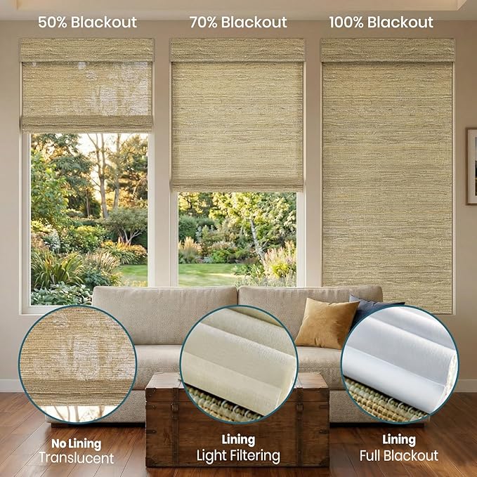 Motorized Roman Shades with Remote,Wooden Blinds Compatible with Alexa/Google/Apple Homekit,Natural Woven Wood Blinds,Customized Size,Crocheting Pale Yellow