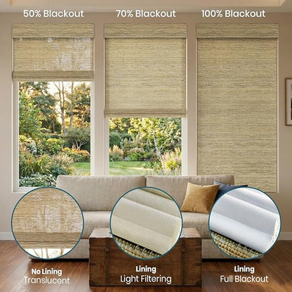 Motorized Roman Shades with Remote,Wooden Blinds Compatible with Alexa/Google/Apple Homekit,Natural Woven Wood Blinds,Customized Size,Crocheting Pale Yellow