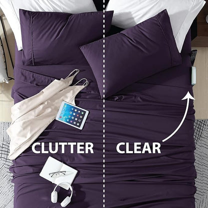 Swift Home Smart Sheets, Ultra Soft Brushed Microfiber 3-Piece Sheet Set, Fitted Bed Sheet with Side Storage Pockets – Eggplant, Twin