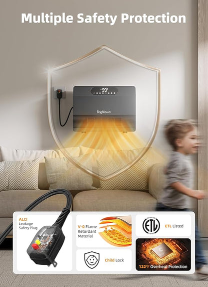 Brightown Wall Heater for Indoor Use, Space Heater with ALCI Plug 1500W, 5 Modes, Adjustable Thermostat, Easy Install Heater for Bedroom Bathroom with Remote Control, 12H Timer, Work with Alexa, Grey