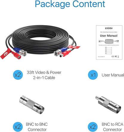 ZOSI 2 Pack 33ft (10 Meters) All-in-one Video Power Cable,BNC Extension Surveillance Camera Cables for CCTV Video Security DVR Systems (Included 2X BNC Connectors and 2X RCA Adapters)