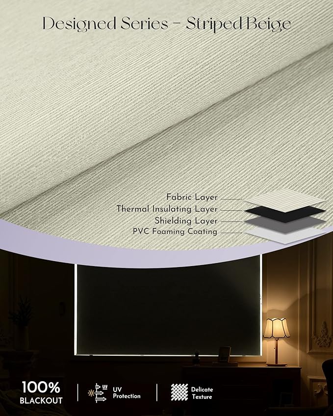 Graywind Smart Blackout Roller Shades for Alexa Google Textured Gleaming Fabric Rechargeable Motorized Blinds Cordless Remote Control Window Shades, Custom Size (Striped Beige) (GW-QZYM-TH00)