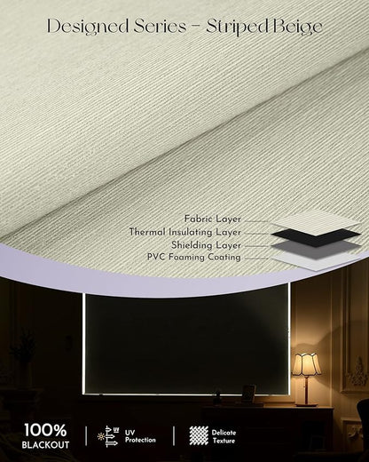 Graywind Smart Blackout Roller Shades for Alexa Google Textured Gleaming Fabric Rechargeable Motorized Blinds Cordless Remote Control Window Shades, Custom Size (Striped Beige) (GW-QZYM-TH00)