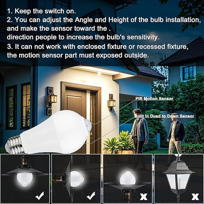 Motion Sensor LED Bulbs 12W (100W Equivalent) - Auto On/Off Dusk to Dawn Security Lighting, 5000K Daylight, Energy-Saving Indoor Outdoor Bulbs for Porch, Stairs, Hallway (2-Pack)