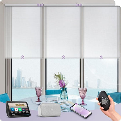 Graywind Motorized Solar Shades Compatible with Alexa Google Remote Electric Window Shade Fireproof Smart Roller Blinds with Valance for Home Office Patio, Custom Size (5% Openness White)