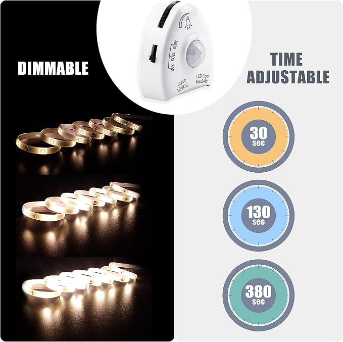 Under Bed Lights Motion Sensor, Motion Activated Bed Lighting, 12V Power Adapter,Dimmable LED Strip Night Light for Bedroom, Stairs, Crib, Cabinet, Warm White - 5FT Single Kit