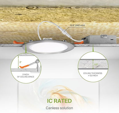 ASD 6 Pack LED Recessed Lighting 6 Inch 15W, 5 CCT 2700K-5000K CRI90+, IC Rated Ultra Thin Dimmable Ceiling Lights with J Box, Canless Wafer Downlight, Round Slim Panel Light, UL Energy Star, Nickel