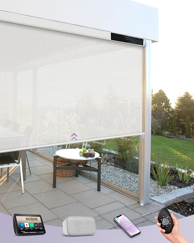 Graywind Motorized Roller Shades Compatible with Alexa Google Privacy Rechargeable Smart Wire Guide Blinds Electric Patio Sun Blinds for Exterior, Custom Size (1% Openness White), (GWUS-DDHWL)