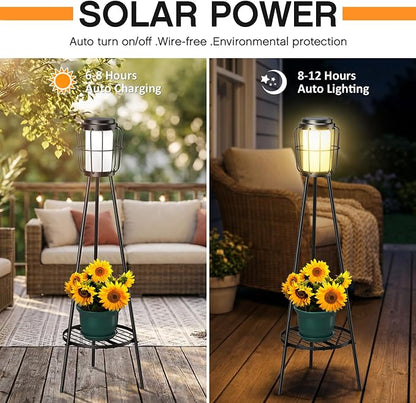 MXwcy 2 Pack Solar Lights Outdoor with Plant Stand, Waterproof Solar Floor Lamp & Tall Metal Planter Holder for Outside, Decorative Tripod Pathway Lantern for Patio, Garden, Porch, Yard Decor