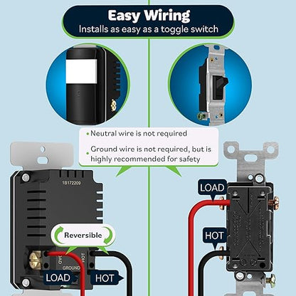 TOPGREENER PIR Motion Sensor Light Switch, Occupancy & Vacancy Motion Sensor Switch, 𝐎𝐩𝐞𝐫𝐚𝐛𝐥𝐞 𝐖𝐢𝐭𝐡𝐨𝐮𝐭 𝐆𝐫𝐨𝐮𝐧𝐝 𝐖𝐢𝐫𝐞, No Neutral Wire, Single Pole, TDOS5-HL-BK, Black