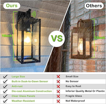 hykolity Large Size Dusk to Dawn Outdoor Wall Lanterns, 18 Inch Outdoor Wall Light Fixtures, Matte Black Porch Lights, Exterior Wall Lighting, Architectural Outdoor Sconces, ETL Listed, 2 Pack