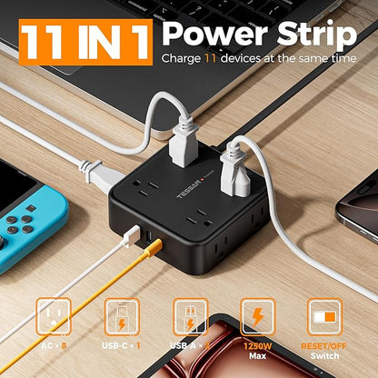 TESSAN Surge Protector Power Strip, 10 Ft Flat Plug Extension Cord with 3 USB (1 USB C) 8 Outlets, 1250W, 900J Protection, 3 Sided Outlet Extender with Power Switch for Office, Dorm Room, Black