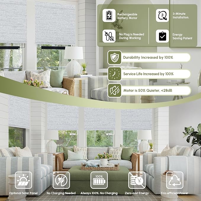 FineTell Motorized Blinds with Remote, 100% Blackout Roller Shades Compatible with Alexa,Apple Homekit,Google Home APP and Voice Control, Customized Electric Blinds (100% Blackout Elegant Light Grey)