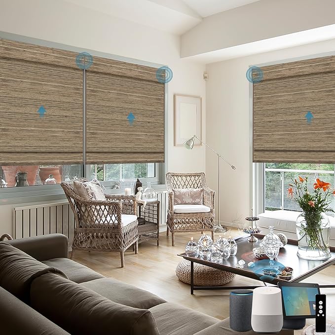 Motorized Roman Woven Woods Shades Work with HomeKit/Alexa/Google Home, Cordless Motorized Roman Shades,Electric Roman Blinds Custom Size,Crocheting Chestnut
