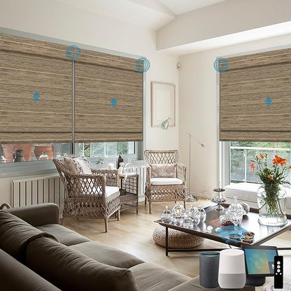 Motorized Roman Woven Woods Shades Work with HomeKit/Alexa/Google Home, Cordless Motorized Roman Shades,Electric Roman Blinds Custom Size,Crocheting Chestnut