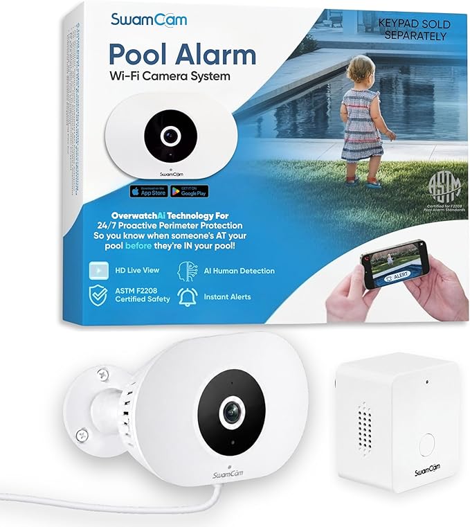 SwamCam Pool Alarm Wi-Fi Camera System – ASTM F2208 Certified – Smart Pool Safety for In-ground & Above-Ground Pools – Real-Time Alerts & Live View (Camera & Simple Alarm Only)
