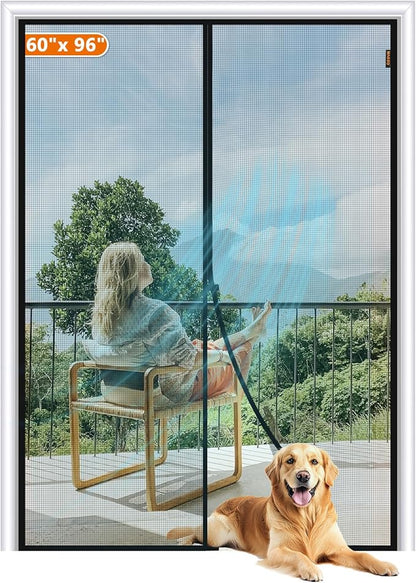 MAGZO Magnetic Screen Door Fit Door Size 60 x 96 Inch, Screen Size 62" x 97" Strong Magnet French Door Screen, Heavy Duty Fiberglass Door Mesh with Hook & Loop for Sliding Door, Gray