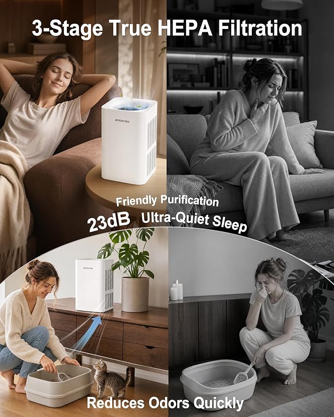 Ambersky Air Purifier for Home, True HEPA Filter for Large Room Up To 2500 Sq Ft, with Real-Time AQI & PM2.5 Display, Sleep Mode, 5 Fan Speeds, 360° Air Cleaner for Pet Hair, Smoke, Dust, Odor