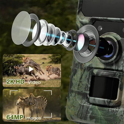 Cellular Trail Camera Solar, 4G LTE Game Cameras 64MP 2K HD Live Streaming,Night Vision Outdoor Camera,Rechargeable Wildlife Camera Deer Cams for Backyard（64GB TF Card Included