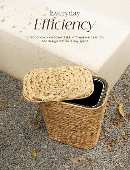 Tidita 3 GALLONS Wicker Waste Basket - Wicker Trash Can with Lid - Water Hyacinth Bathroom Garbage Can with a Lid - Bathroom Trash Can Boho Style - Removable Liner, Iron Frame (Natural, 3 Gallons)