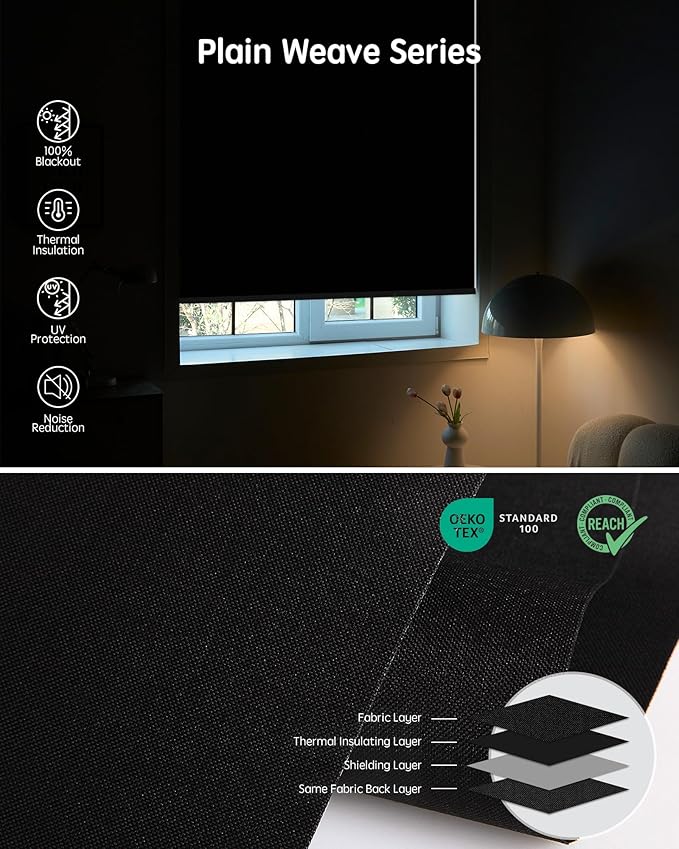 Yoolax Motorized Blinds with Remote, 100% Blackout Smart Blinds Work with Alexa, Google, Apple Homekit, Motorized Shades for Bedroom, Custom Electric Shades Voice Control (Fabric Black)