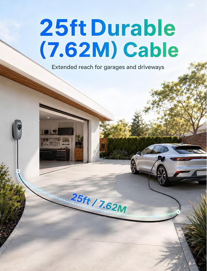40A Level 2 EV Charger Station, J1772 240V 9.6kW WiFi App 25ft | Garage Home Driveway EV Charger,2.4GHz Smart Control,RFID Access,Indoor Outdoor Installation,UL ETL FCC Certified,Overheat